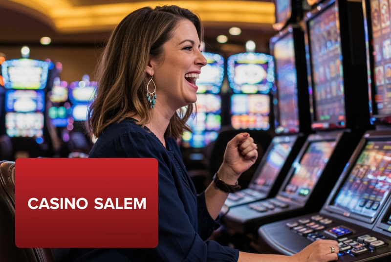 Image of a woman playing a slot machine with the Casino Salem loyalty card in the background