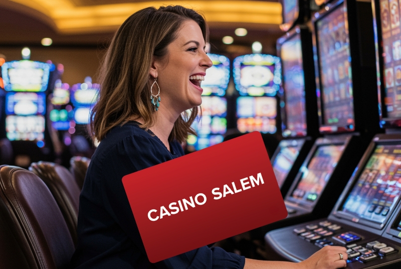 Image of a woman playing a slot machine with the Casino Salem loyalty card in the background